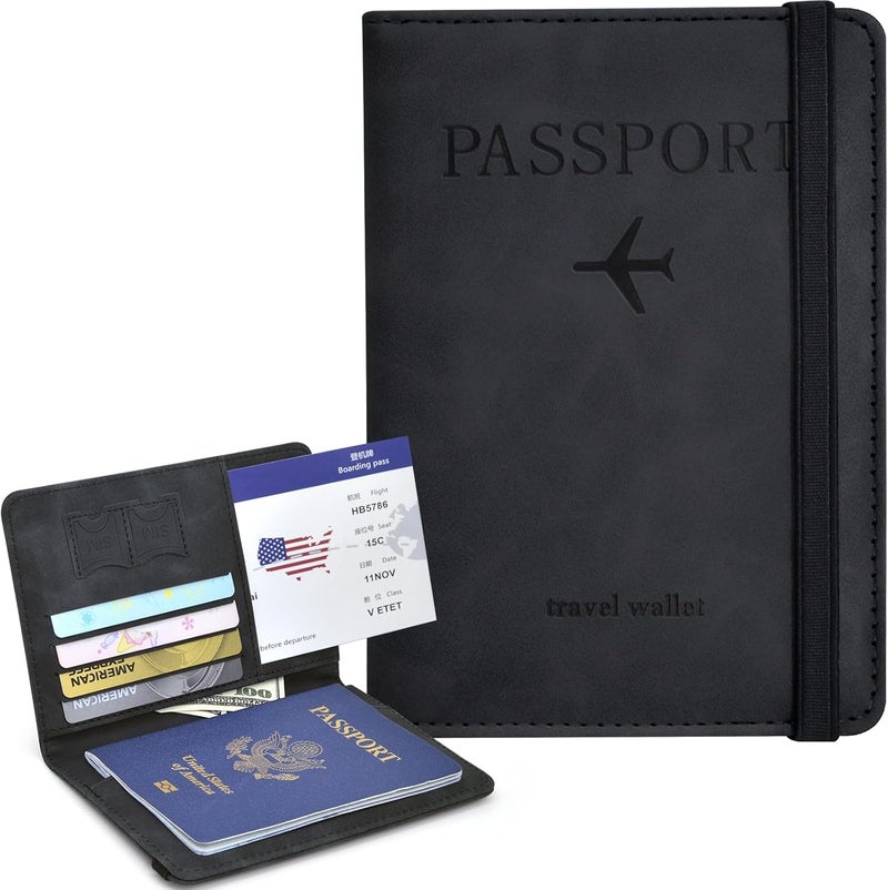 KAOBAN Passport Holder, Passport Cover with Credit Card Slot and Boarding Pass Slot Combo, Passport Wallet Case Book Travel Must Have, RFID Blocking Leather Travel Accessories, Black - Image 2